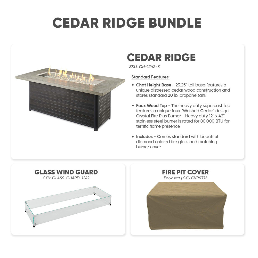 Gas fire pit table bundle: glass wind guard and fire pit cover with gray top