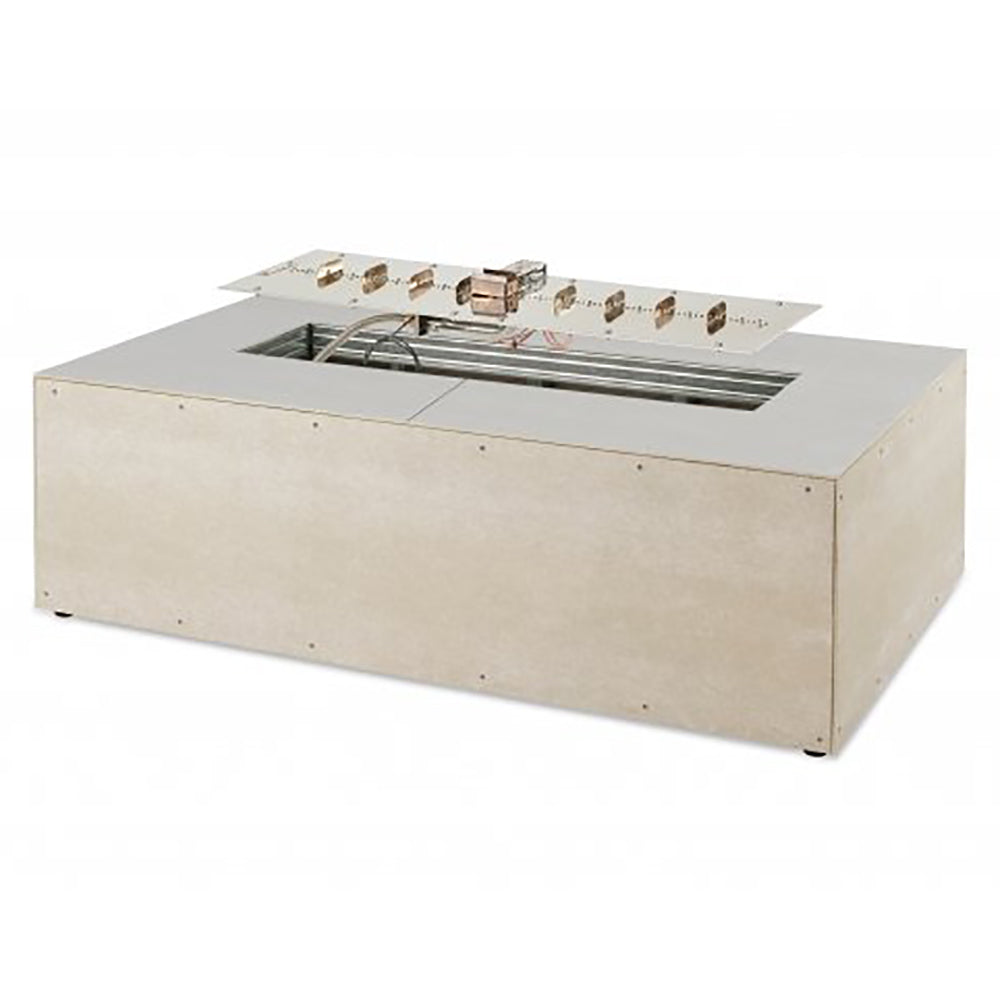 Linear fire pit table kit with beige base and open burner area with grates