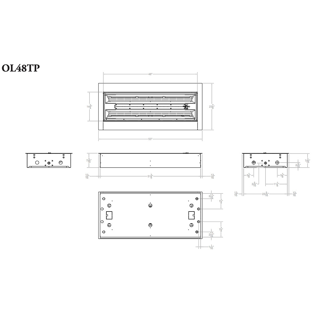 Technical line drawing of linear gas fire pit OL48TP18 with top and side views