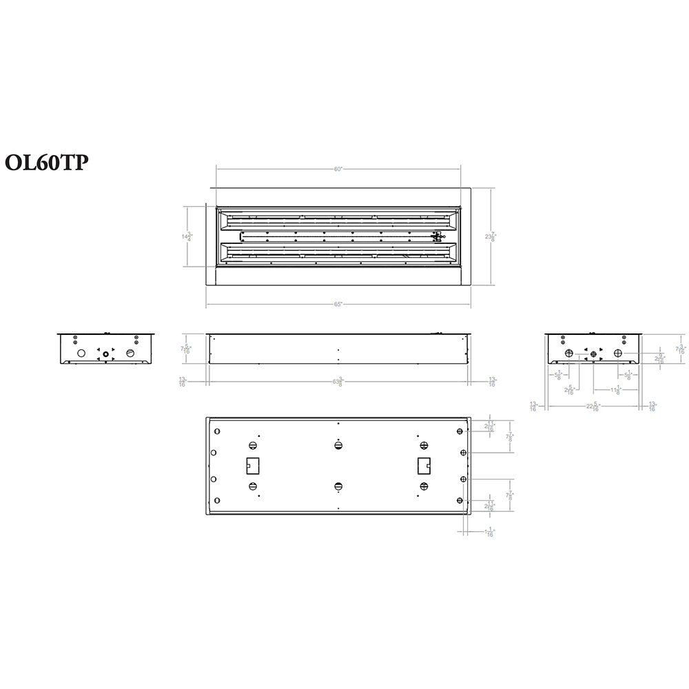 Fire pit dimension diagram showing burner layout and mounting points
