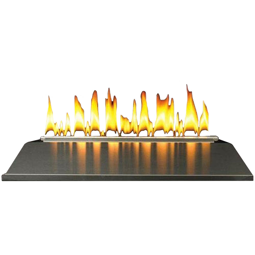 Outdoor gas burner with glowing flames in a black metal firebox, flat top tray