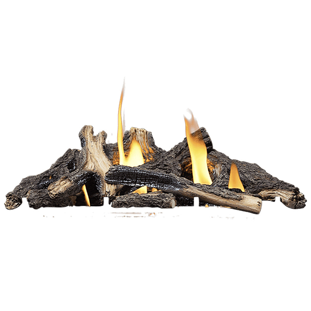 Charred wood log set with visible flames for direct vent gas fireplace