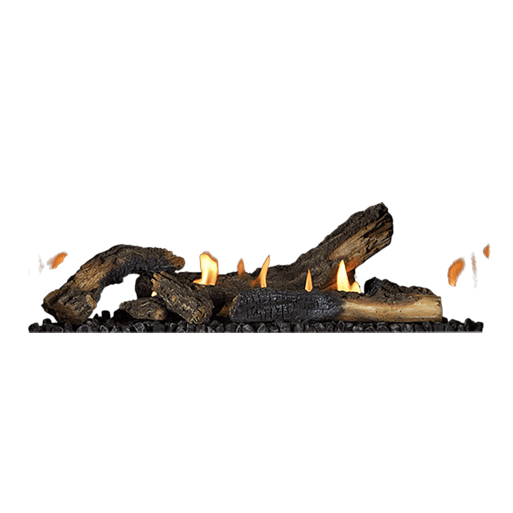 Oak log set for gas fireplace with glowing flames and dark charred-looking logs