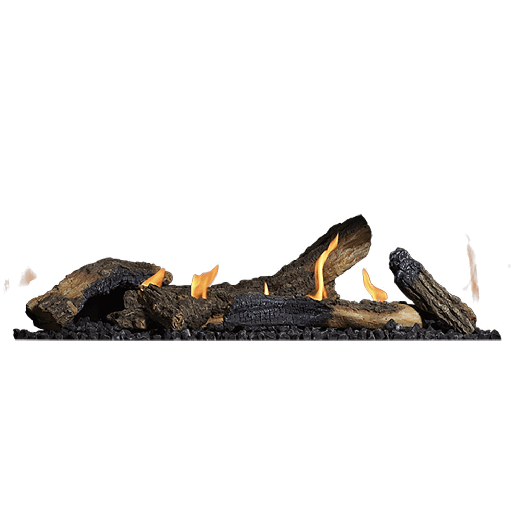 Oak log kit with glowing embers and small flames on dark charcoal base