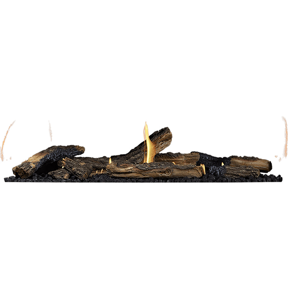 Oak log kit for gas fireplace with stacked charred logs and flame detail