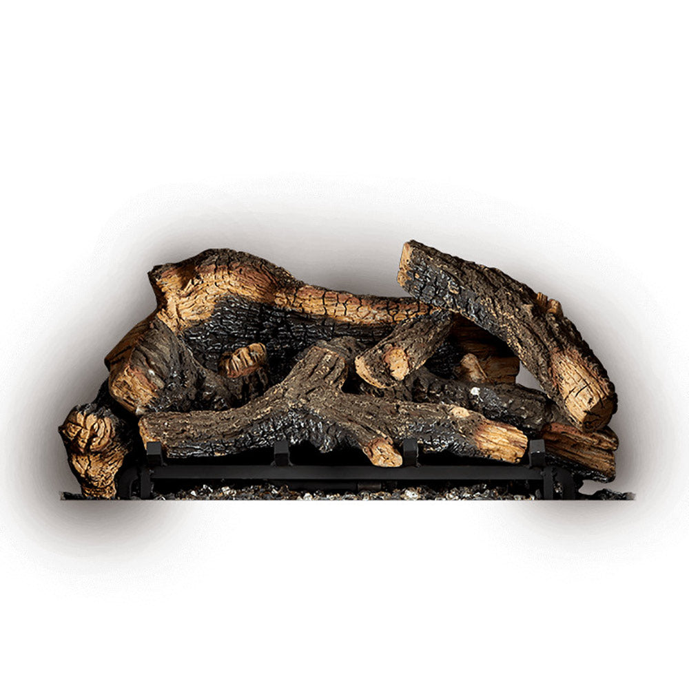 Split oak log set with dark charred wood pieces on black fire grate