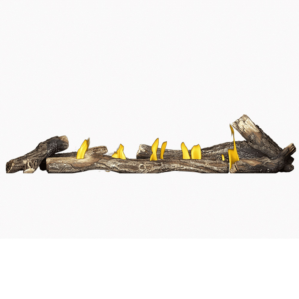 Oak-style gas fireplace log set with simulated flames and stacked logs