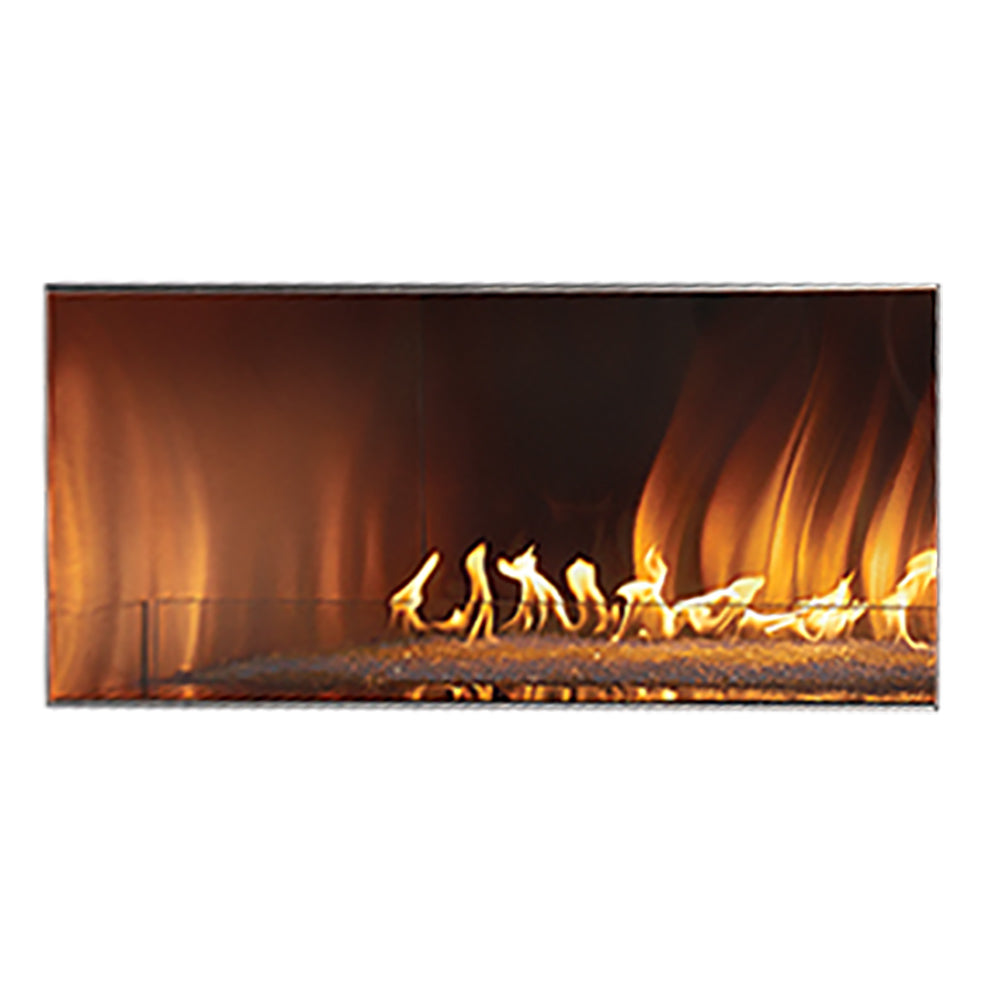 Outdoor linear gas fireplace with glowing burning flames in a rectangular firebox