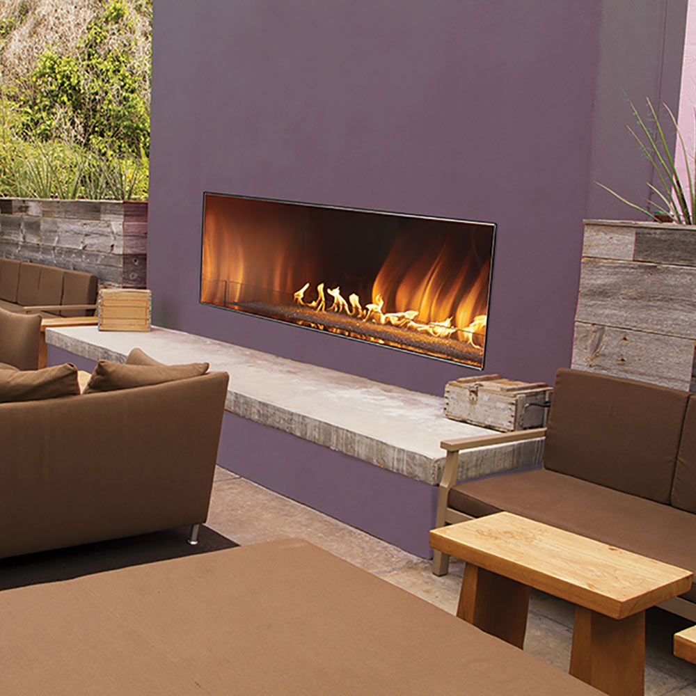 Outdoor linear gas fireplace with wall-mounted frame and glowing flames