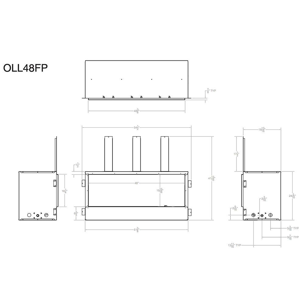 Technical line drawing of a ventless linear gas fireplace with dimensions