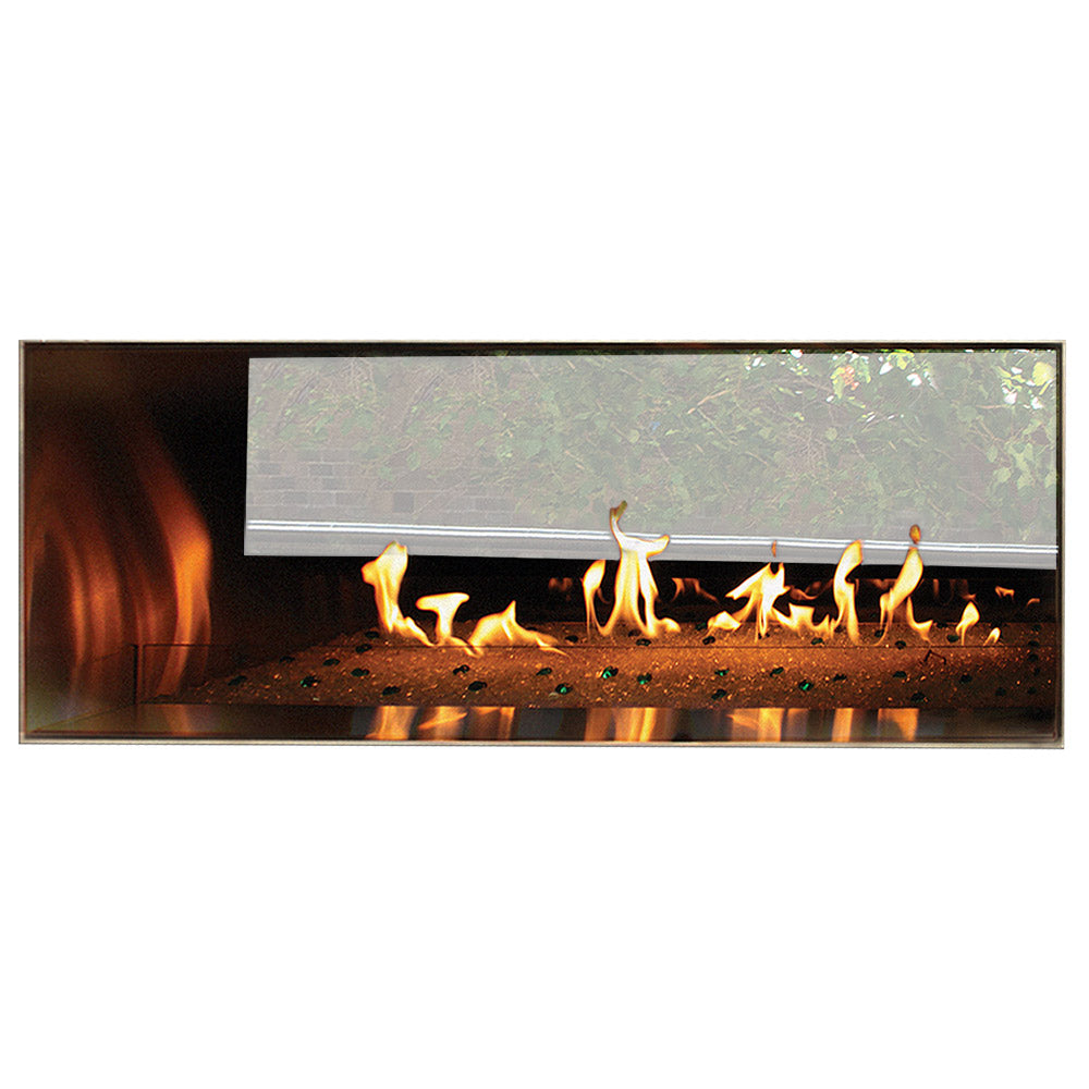 Bronze-framed outdoor gas fireplace with glass firebox and burning flames
