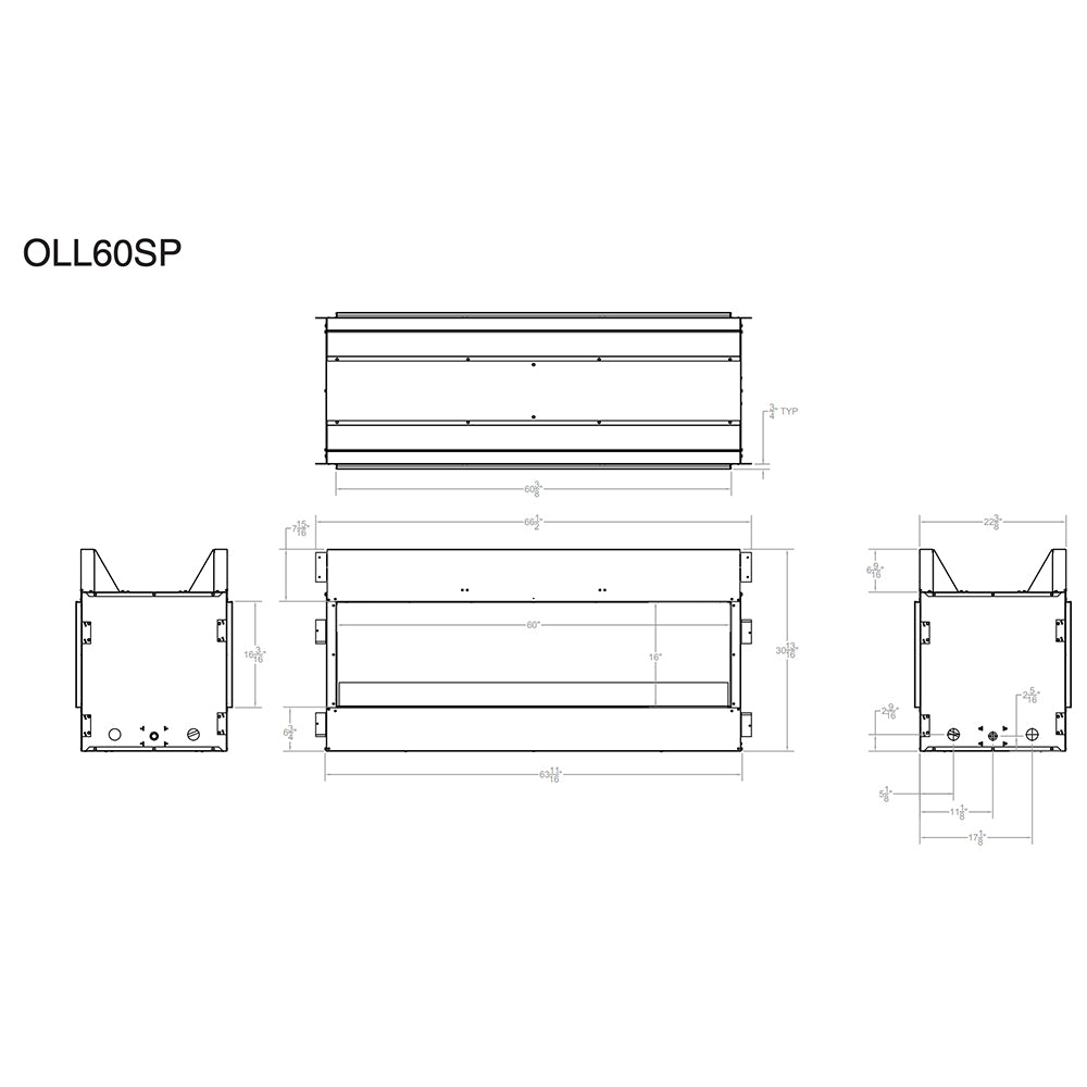 Line-art technical drawing of gas fireplace insert assembly with dimensions