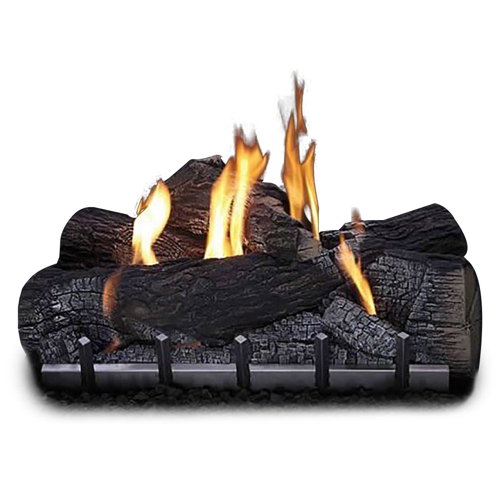 Outdoor gas log set with glowing faux logs and open flames on burner
