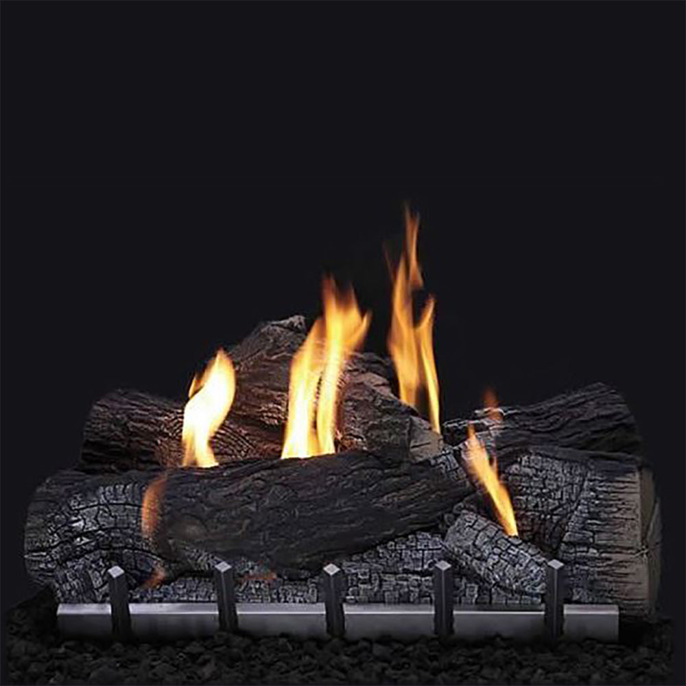 Gas burner log set with burning faux wood logs and steady flames