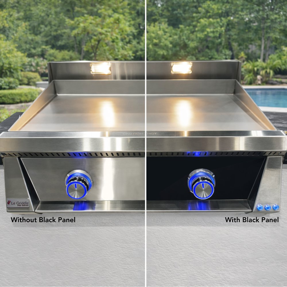 Black panel front for griddle with blue-lit knobs on stainless control area