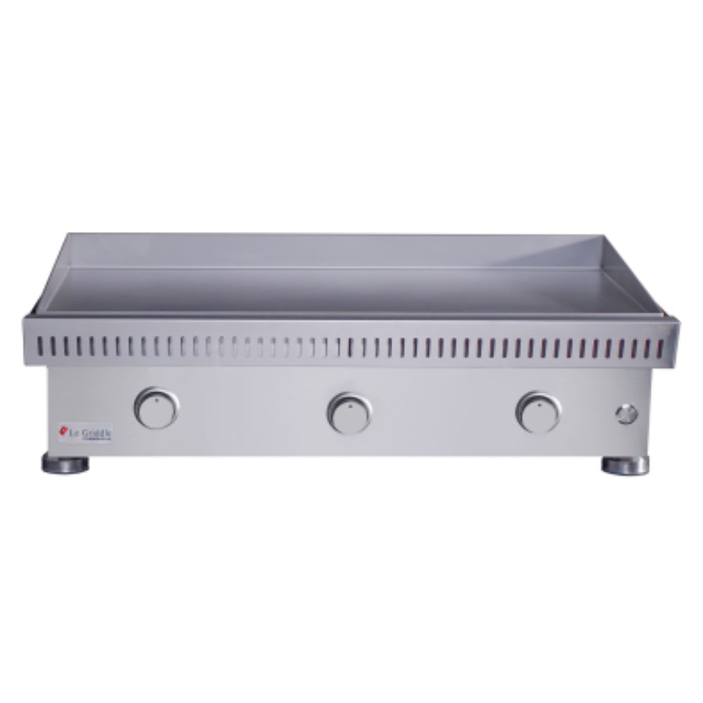 Built-in gas griddle with stainless front, three round control knobs, raised rear splash guard.