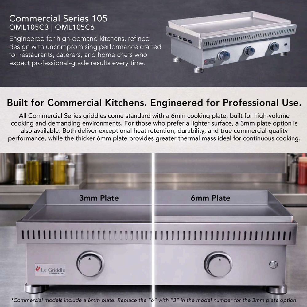 Commercial gas griddle with stainless steel body and front control knobs, angled view
