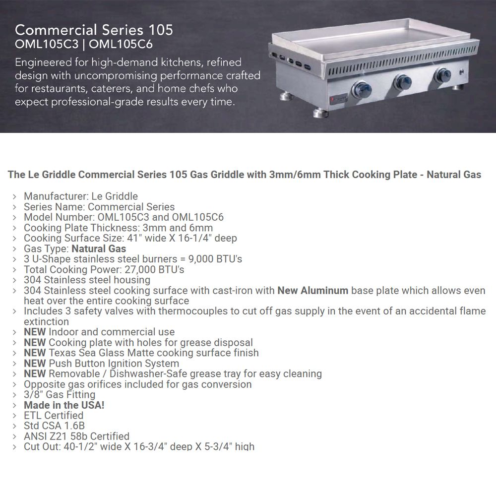 Built-in gas griddle with stainless steel front, three knobs, and vented warming rail.