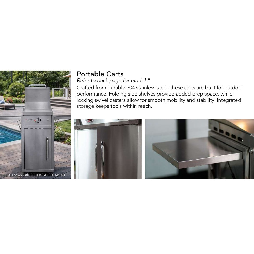 Freestanding gas griddle on a cart with side shelf and two vertical cabinet doors