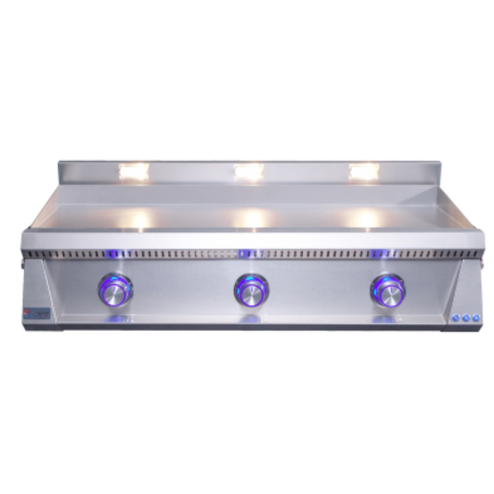 Built-in gas griddle, stainless finish, three blue knobs, illuminated cooking surface
