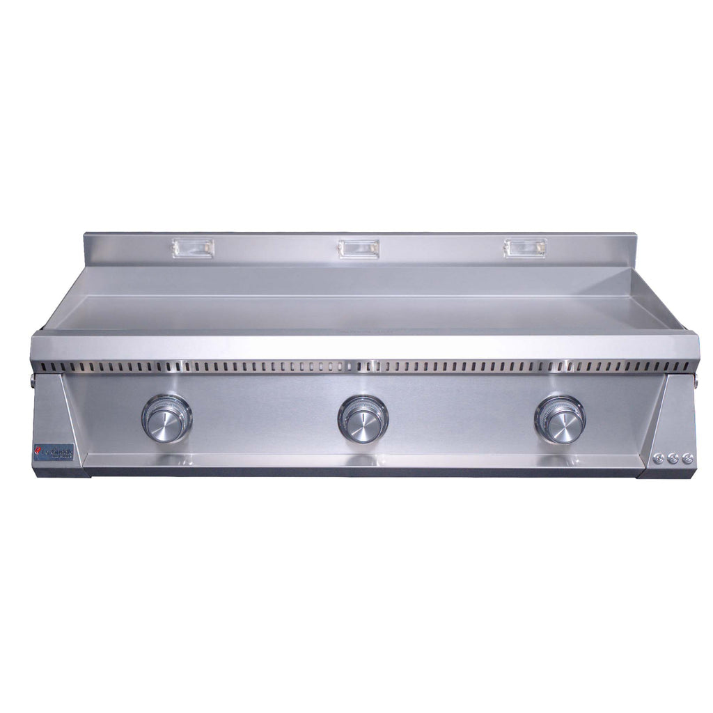 Stainless steel built-in gas griddle with three front control knobs