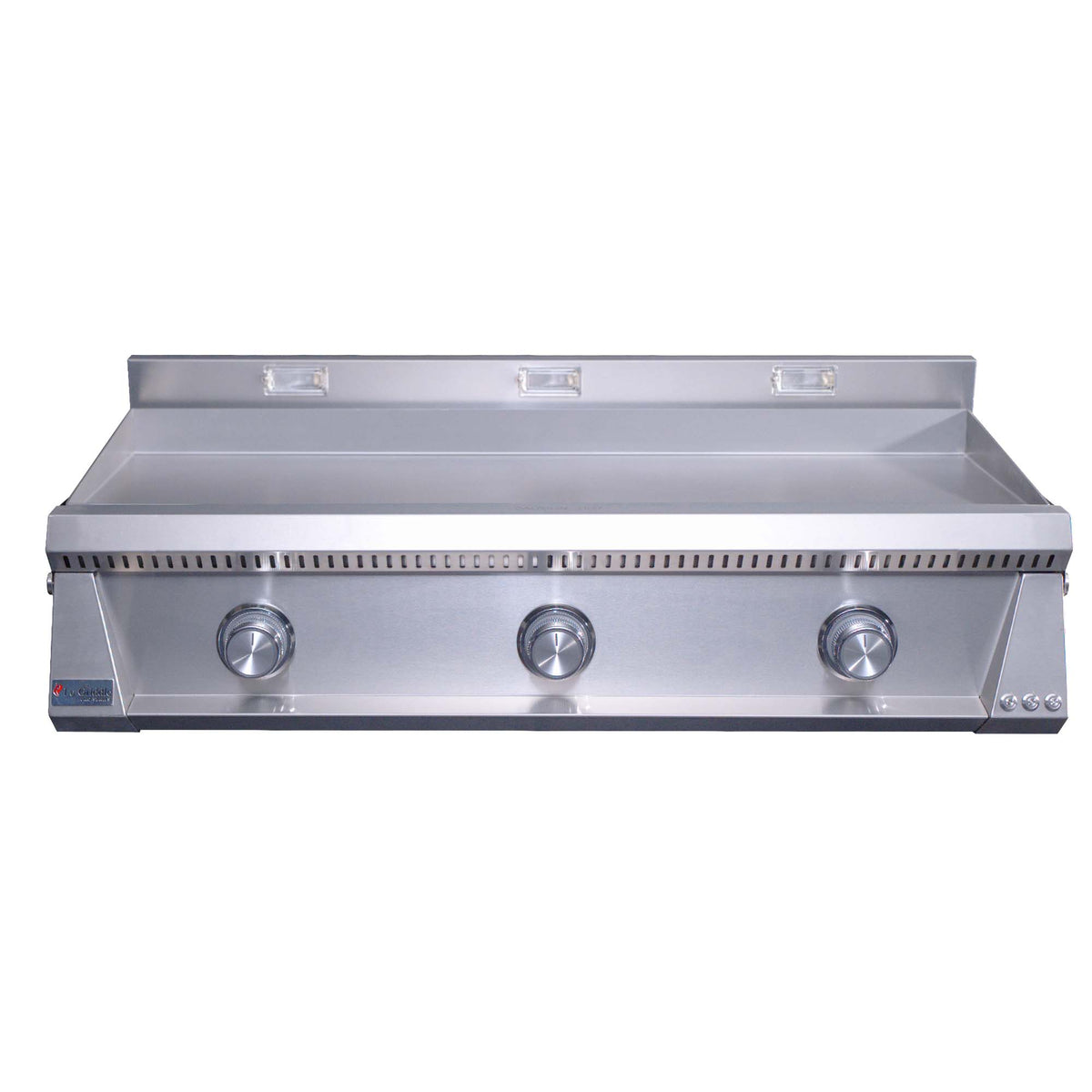 Stainless steel built-in gas griddle with three front control knobs