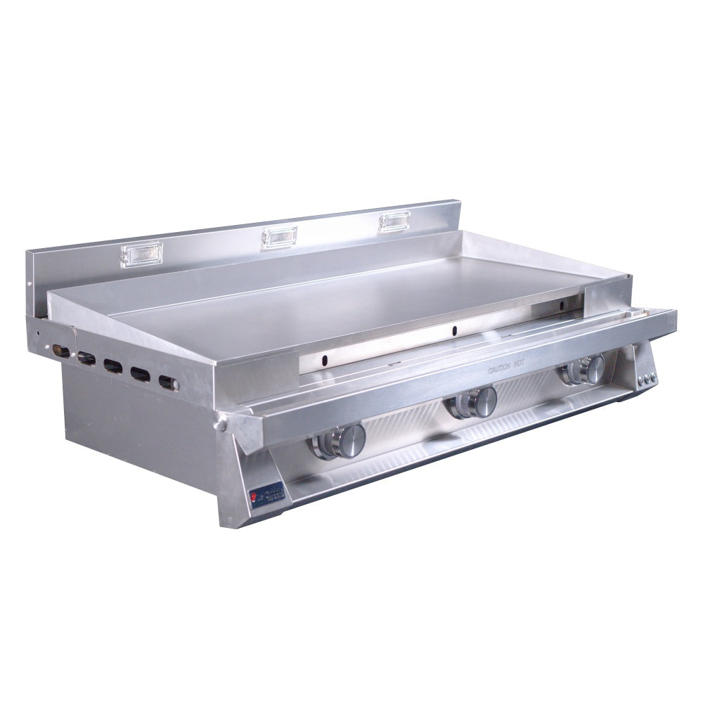 Stainless steel built-in gas griddle with open cooking surface and burner controls