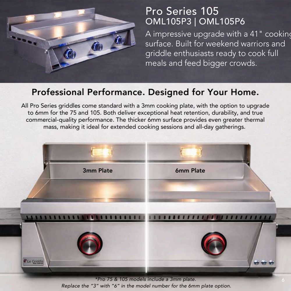 Stainless steel griddle with two cooking zones shown as 3mm and 6mm plates