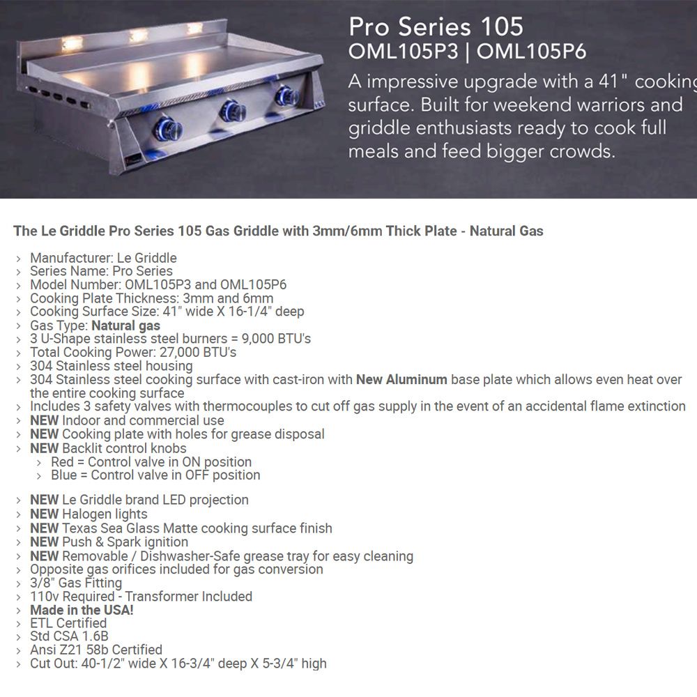 Stainless steel Pro Series 105 gas griddle with three knobs and blue-lit details