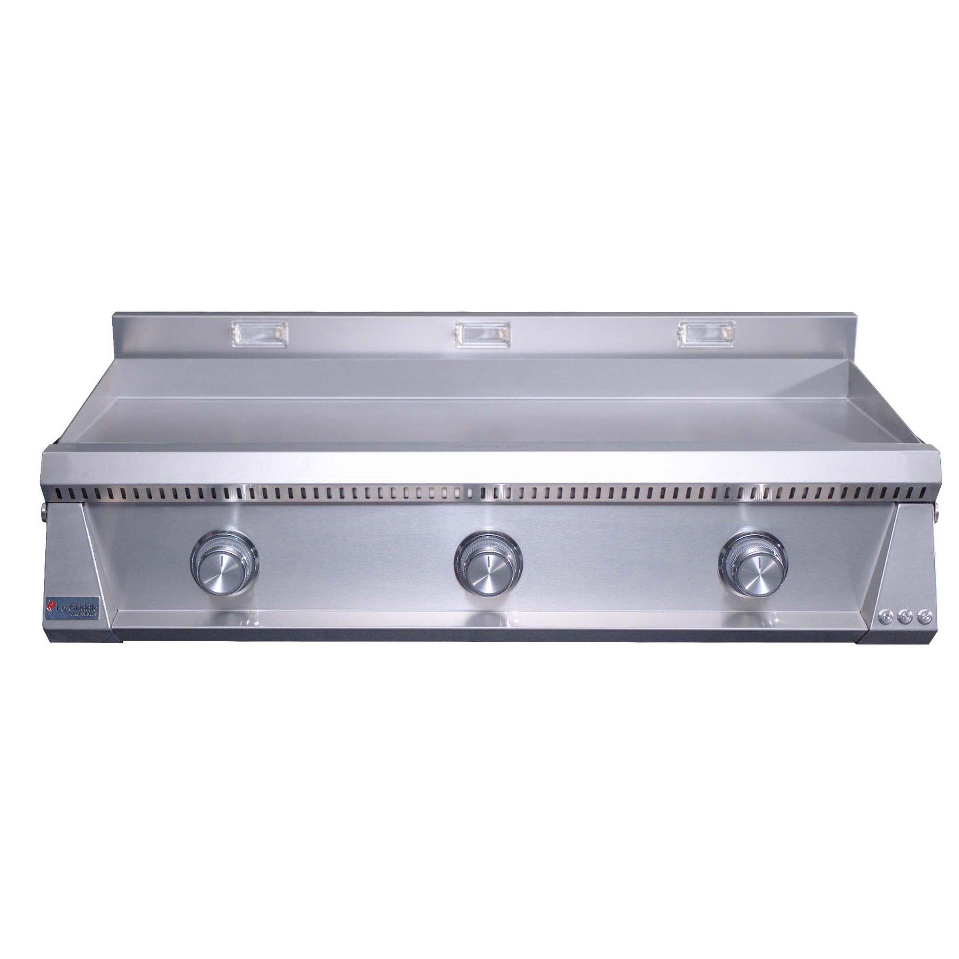 Stainless steel built-in gas griddle front view with three burners and knobs