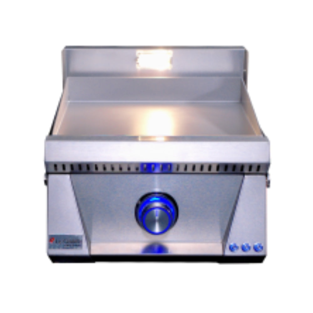Stainless gas griddle with blue-lit control knob and front burner bar
