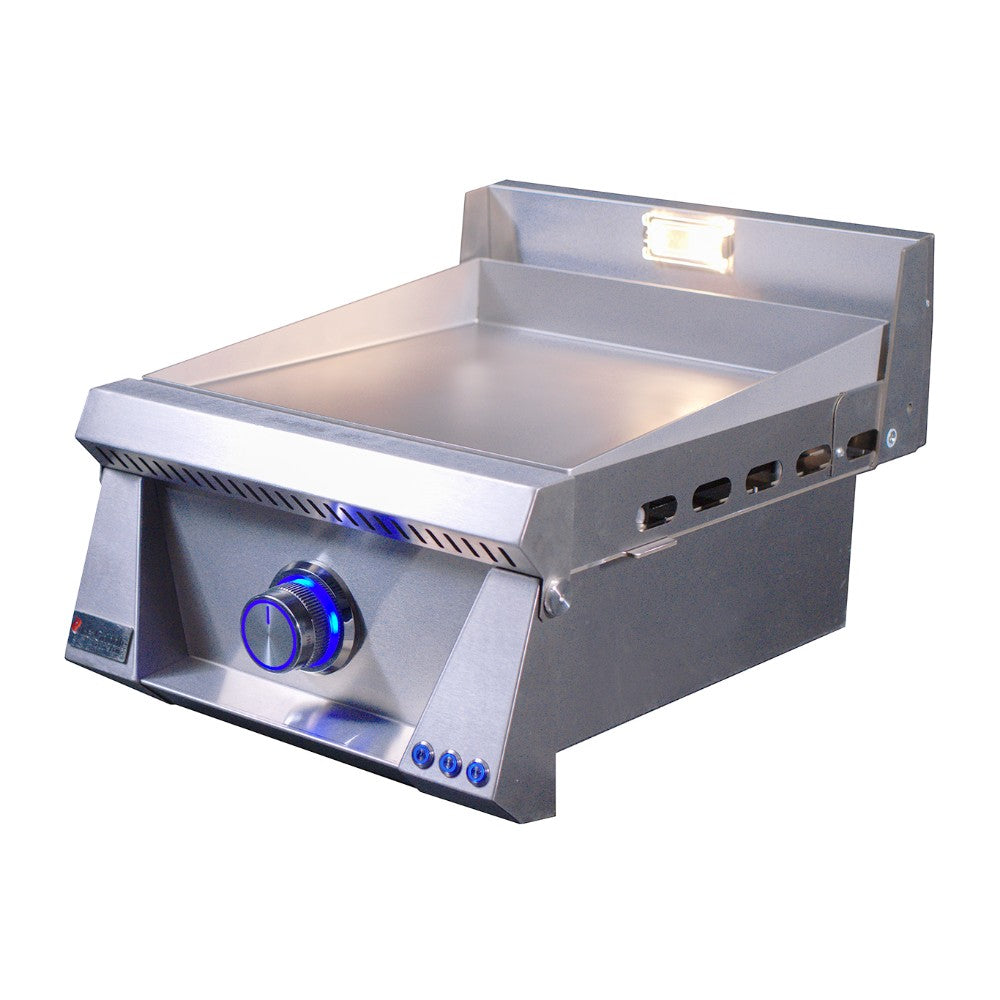 Built-in gas griddle with open grease area and stainless steel cooking surface