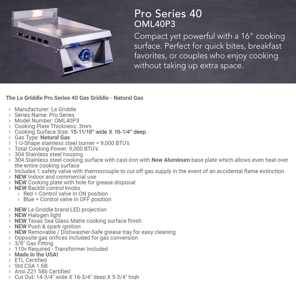 Pro Series 40 gas griddle spec panel with cooking plate and burner details