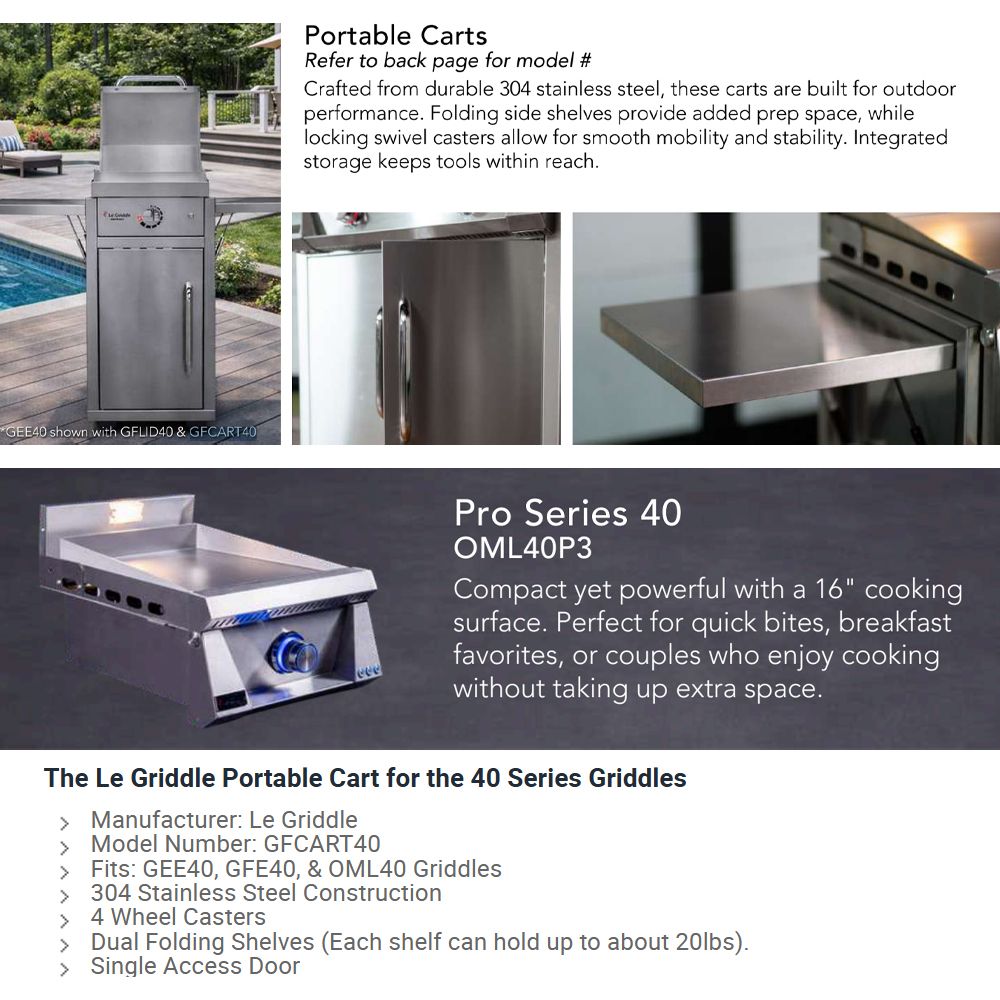 Portable stainless steel gas griddle with blue control knob and compact side shelves
