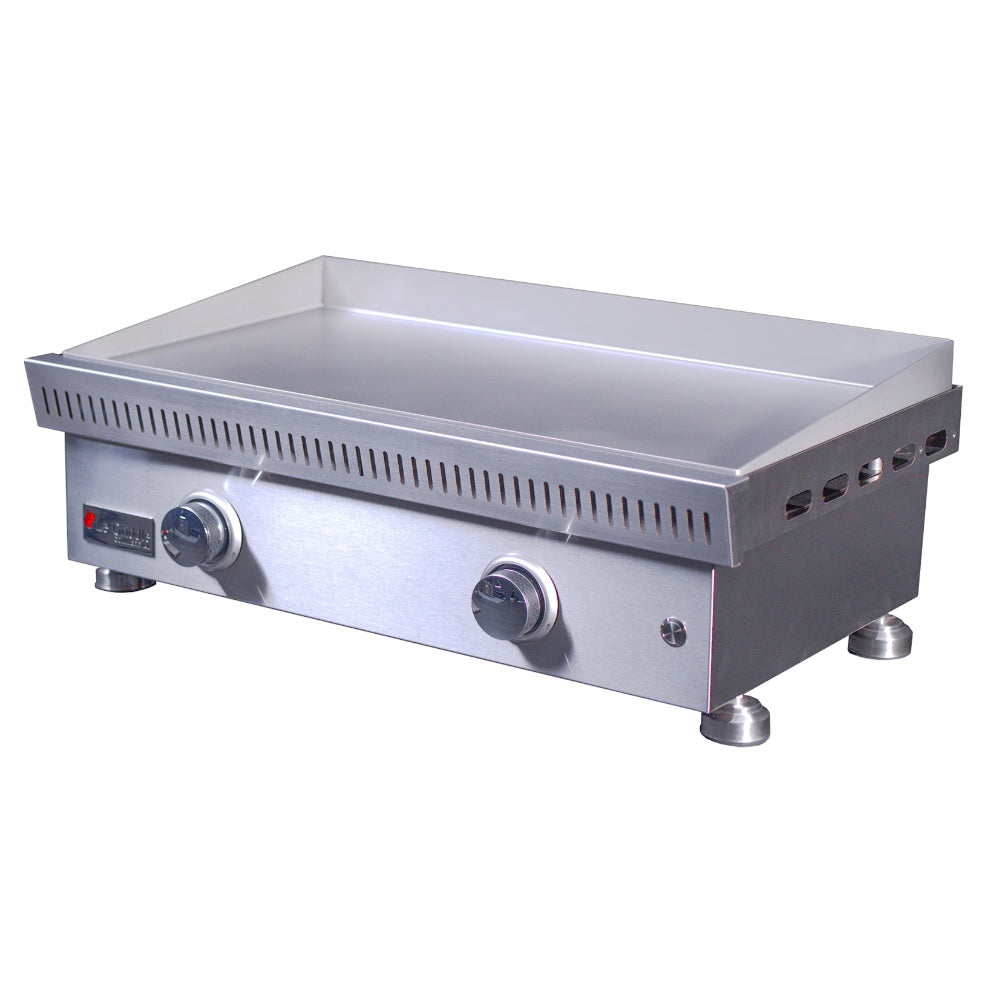 Stainless gas griddle with rectangular cooktop, side controls, and four leveling feet