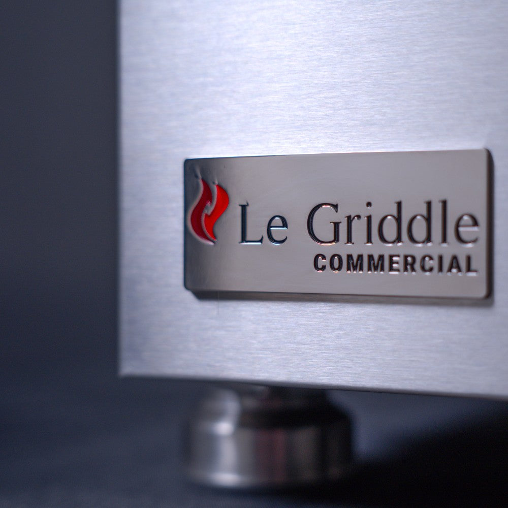 Le Griddle Commercial stainless steel control panel with logo badge and small side indicator button