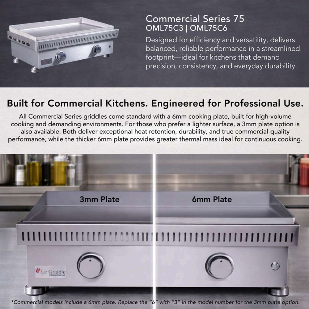 Commercial gas griddle in stainless steel with flat griddle plate and two front control knobs