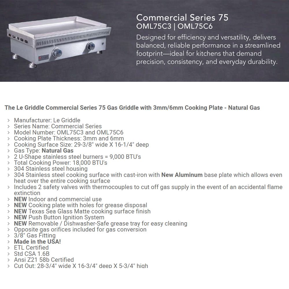Commercial gas griddle brochure page with control knobs and stainless griddle plate details