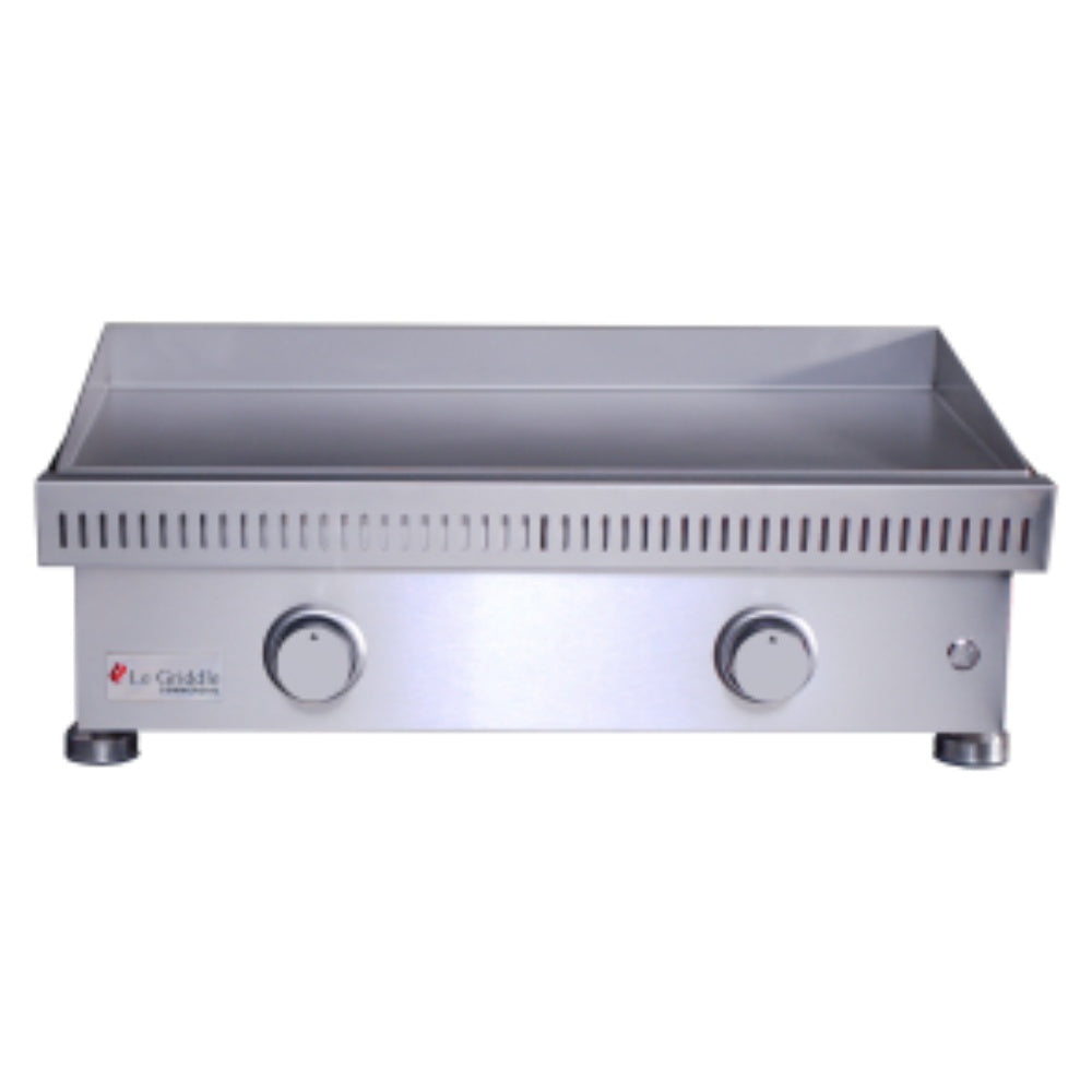 Stainless built-in gas griddle with flat cooktop, two knobs, and front vent slots