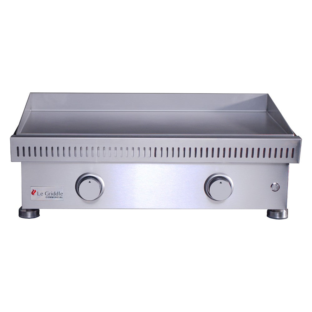 Front view of commercial gas griddle with stainless steel base, flat griddle plate, and two knobs