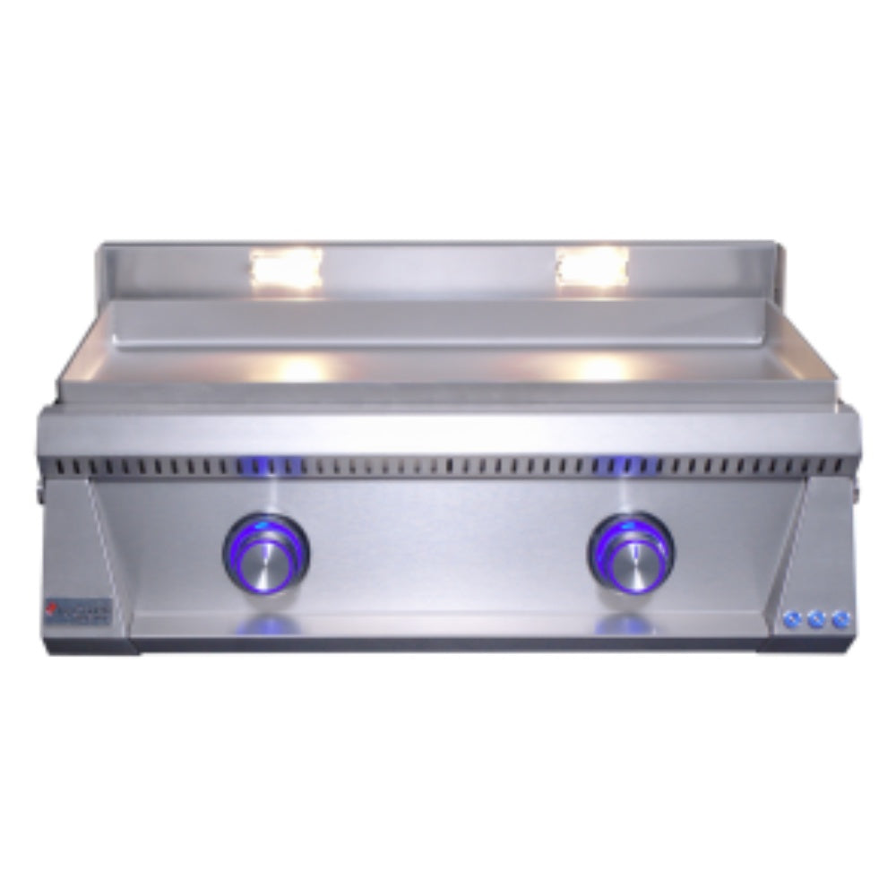 Built-in stainless gas griddle with two blue control knobs and heated cooking surface