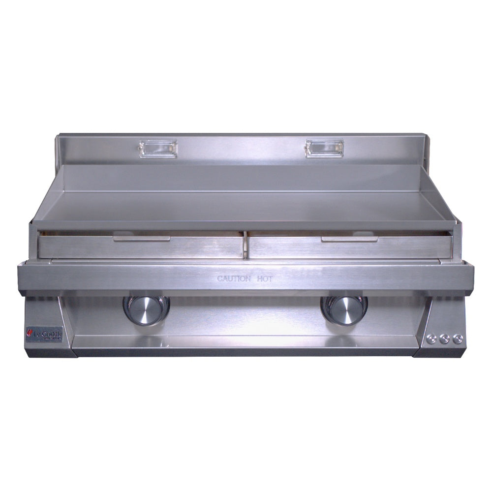 Built-in gas griddle with stainless steel body, two round front knobs, and open grease tray
