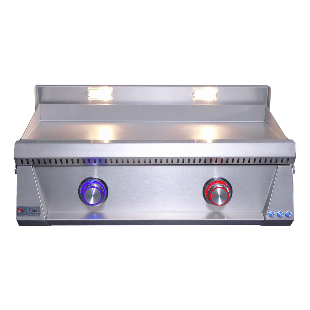 Built-in gas griddle with stainless steel body, blue and red control knobs, and flat cooktop