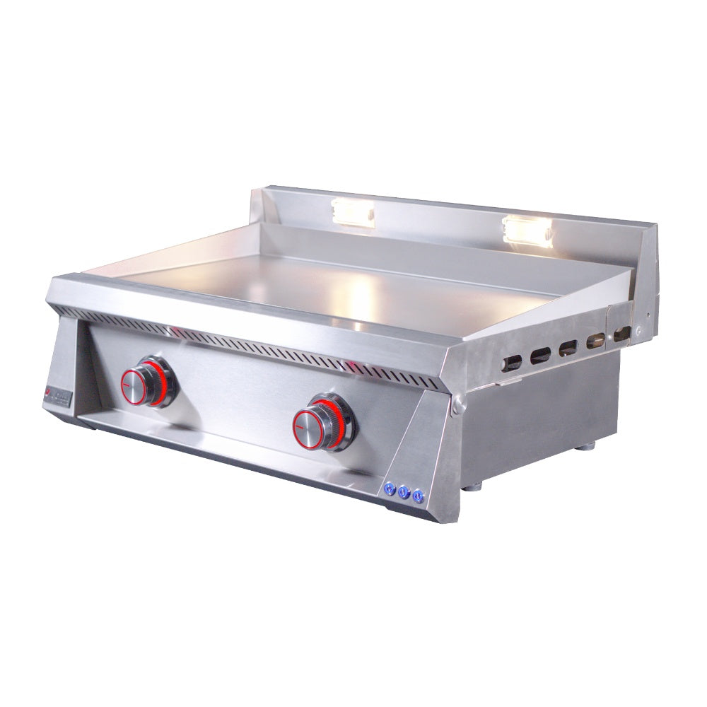 Built-in gas griddle with stainless steel housing, front red knobs, and side control buttons