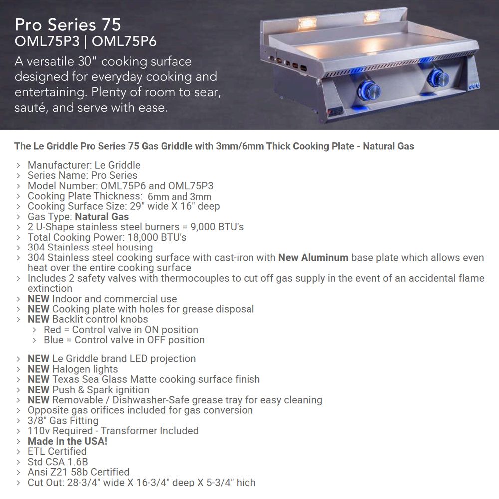 Le Griddle Pro 75 gas griddle spec sheet with cooking surface and control panel details