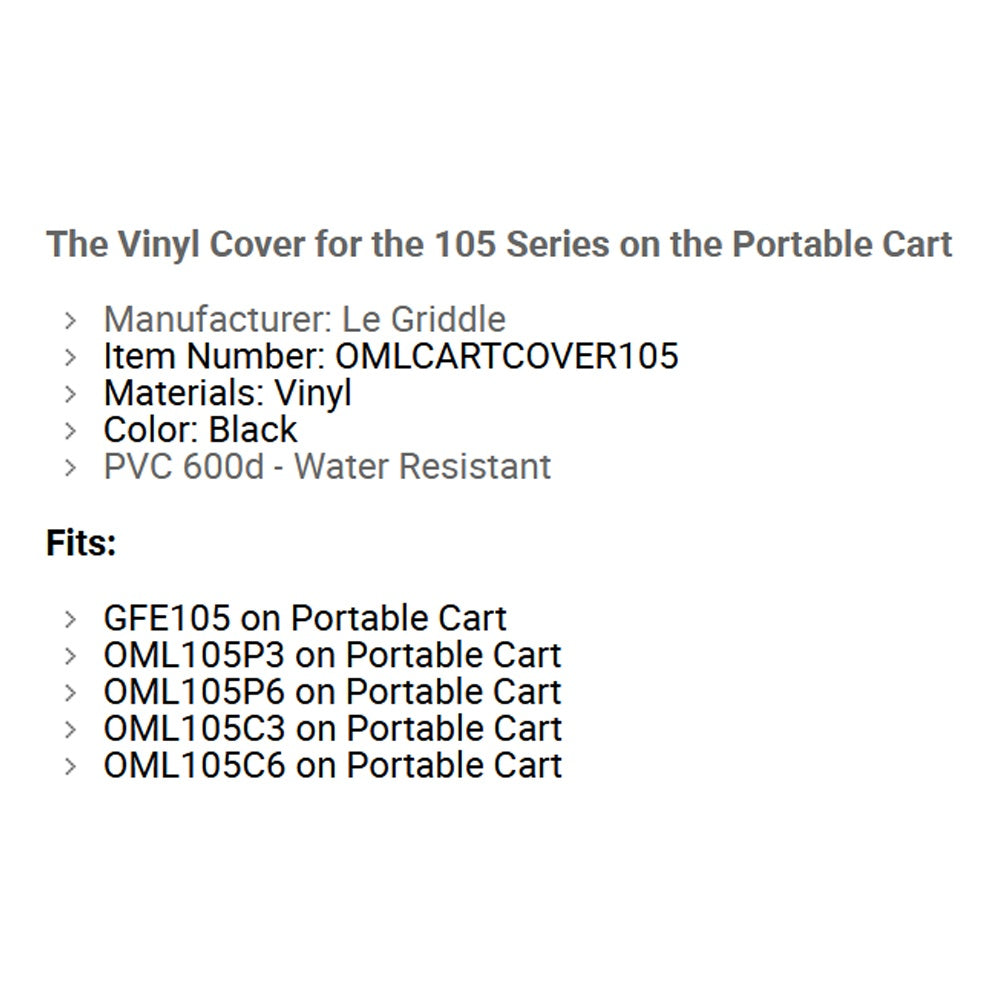 Vinyl cover specifications and fit list for 105 series on portable cart