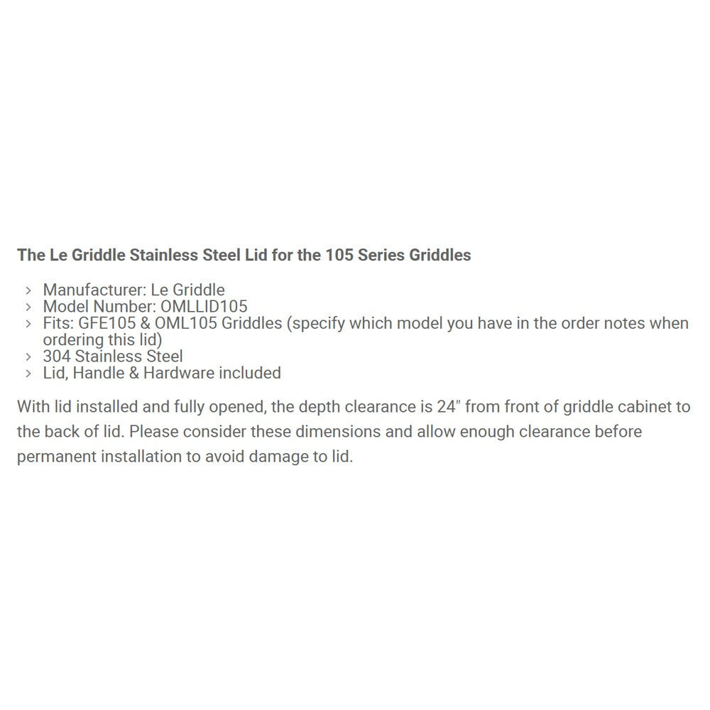 Le Griddle stainless steel lid specifications text for 105 series griddles