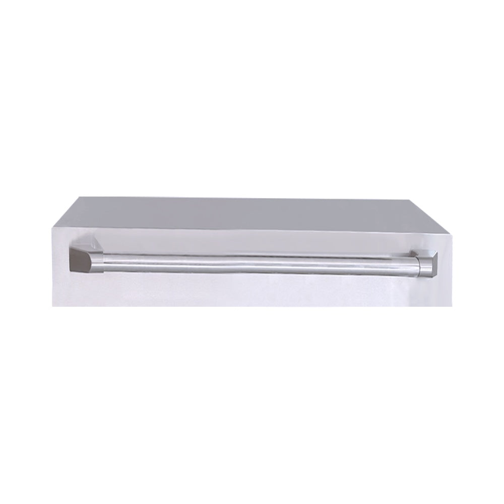Stainless steel griddle lid with long horizontal handle bar, front view