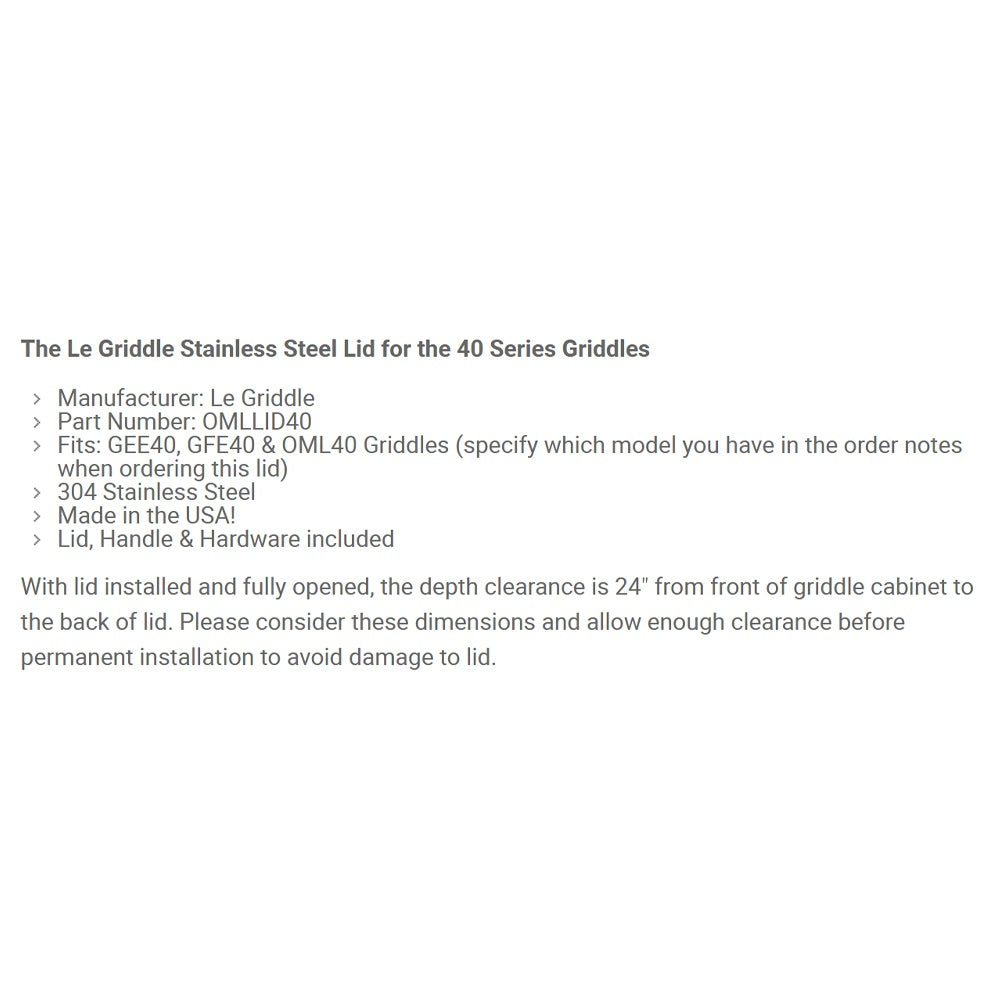 Printed specifications text for stainless steel griddle lid