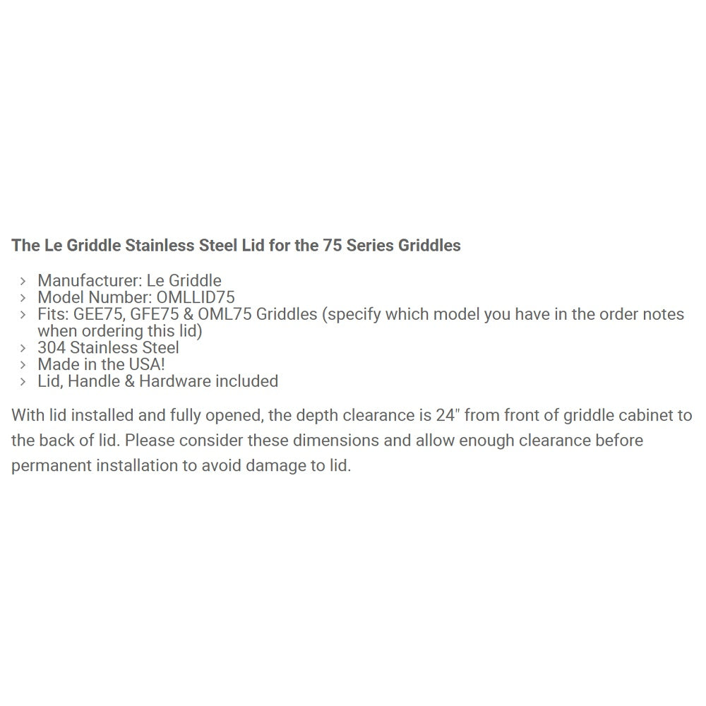 Text panel with Le Griddle lid specifications and installation clearance notes